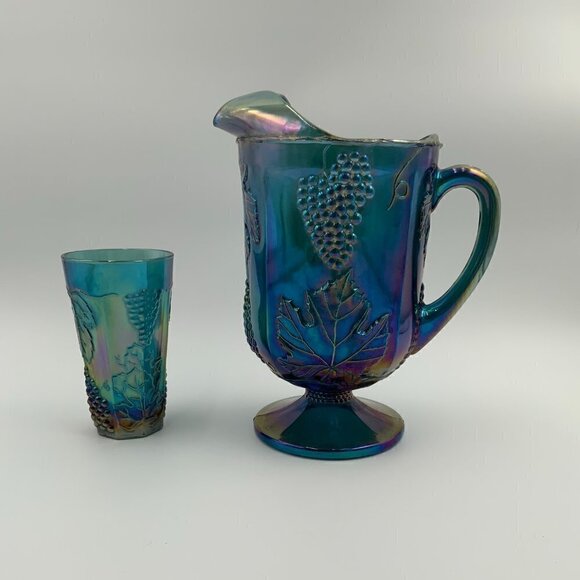 Indiana Glass Other - Vintage Blue Indiana Glass Grape Harvest Carnival Pitcher and Drinking Glass